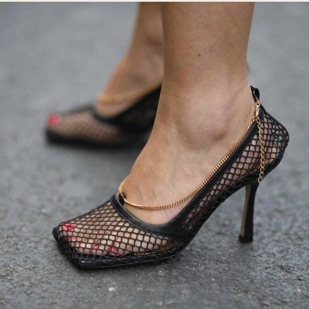 Bottega Veneta Stretch Square-Toe Mesh Chain Trim Pumps